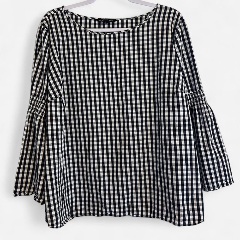 Zac & Rachel Woman 2X Gingham Bell Sleeve Blouse Black White Check Plus Size